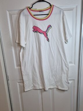 Puma White Short Sleeve Tee with Pink Logo and Rainbow Stripes